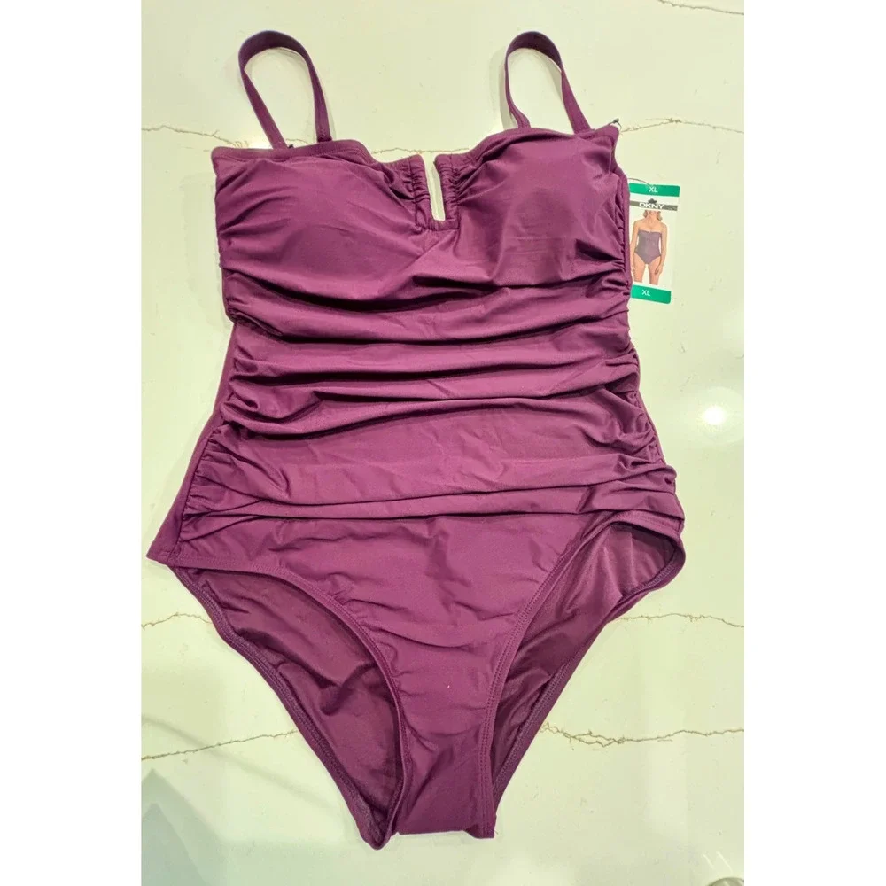 DKNY size XL One Piece Swimsuit Womens Purple convertible strapless - Picture 2 of 3